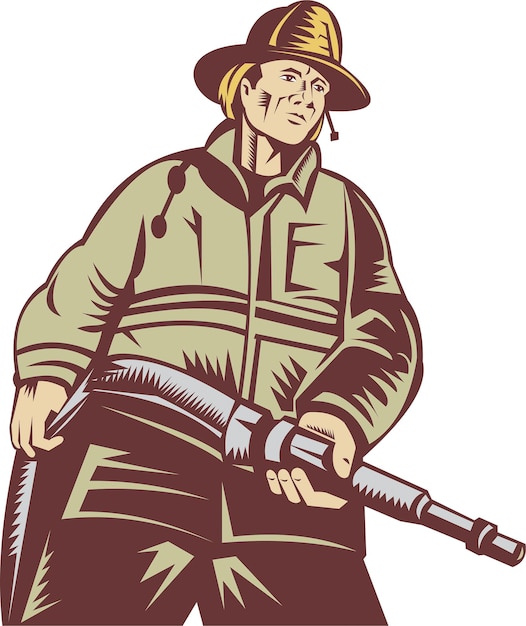 Ilustración de un bombero sosteniendo una sierra y una manguera de incendios