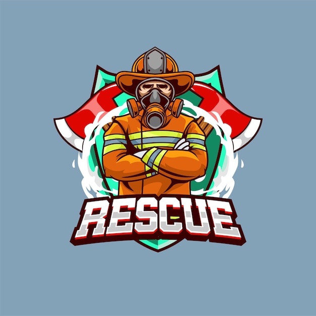 Ilustración bomberos con máscara con dos ejes y texto rescue logotipo de esport