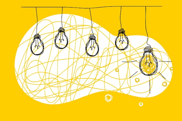 Vector ilustración de una bombilla que cuelga de un cable sobre un fondo amarillo idea concepto de simplificación