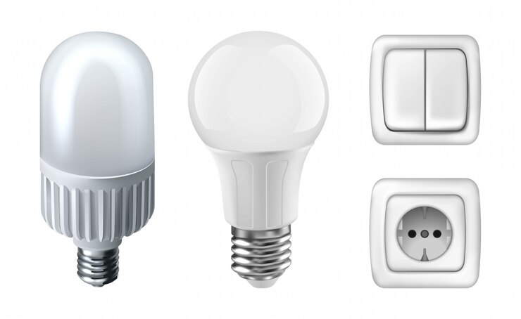 Vector ilustración de bombillas de luz blanca, enchufes de electricidad y conmutadores de luz. aislado en blanco