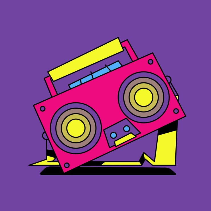 Vector la ilustración de boombox tiene una estética de los años 90 con colores audaces, contornos gruesos y un diseño plano.