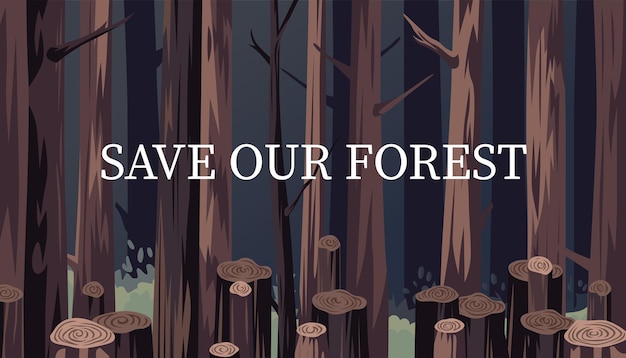 Vector ilustración de un bosque deforestado debido a la tala ilegal