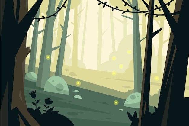 Vector ilustración de bosque encantado de diseño plano