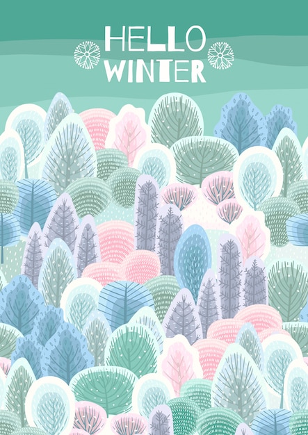 Ilustración con bosque de invierno.