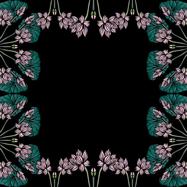 Ilustración botánica de marco floral de flor de loto Fondo negro