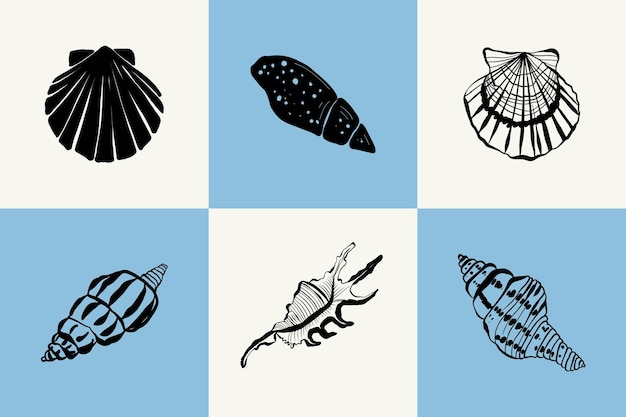 Ilustración botánica del océano y el mar Estilo de garabato de línea de tinta negra