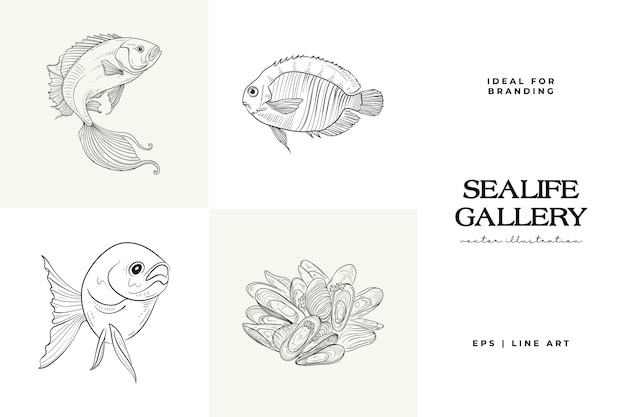 Ilustración botánica del océano y el mar Estilo de garabato de línea de tinta negra