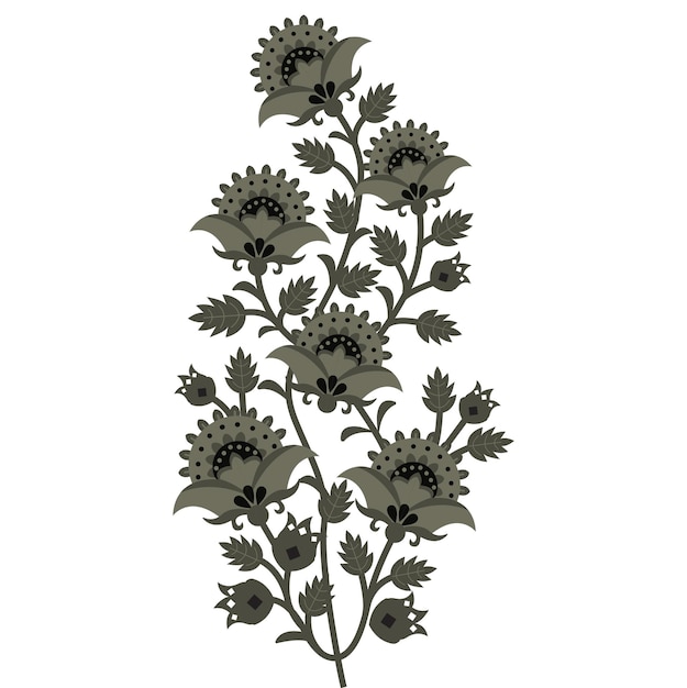 Una ilustración botánica de una planta con flores con detalles intrincados de sus hojas y pétalos.