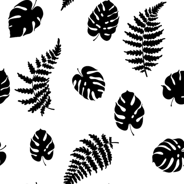 Ilustración botánica vectorial de helecho y hoja de monstera dibujo de contorno aislado de planta tropical