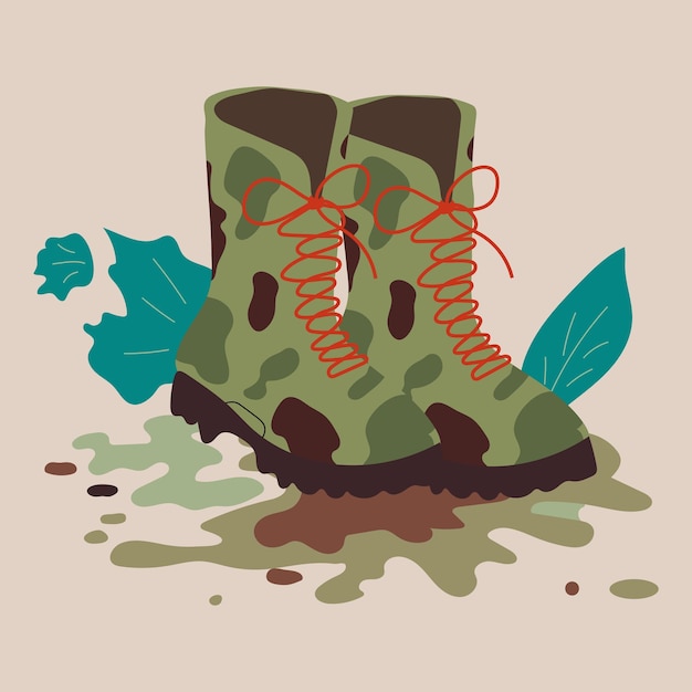 Ilustración de botas militares vector plano botas de senderismo zapatos de viaje de cuero resistente sucio