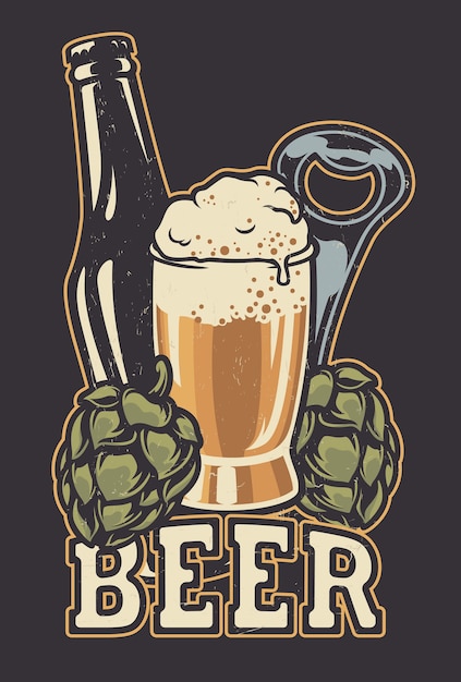Ilustración con una botella de cerveza y conos de lúpulo. Todos los elementos están en grupos separados.