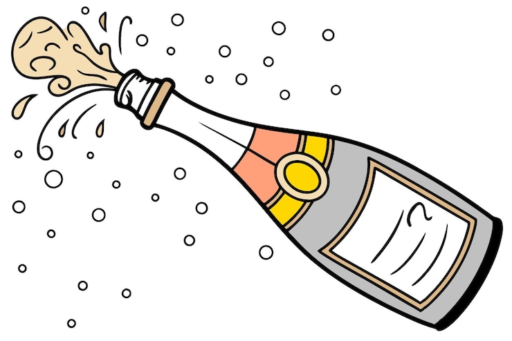 Vector ilustración de la botella de champán de año nuevo estilo de dibujos animados pop burbujeante festivo