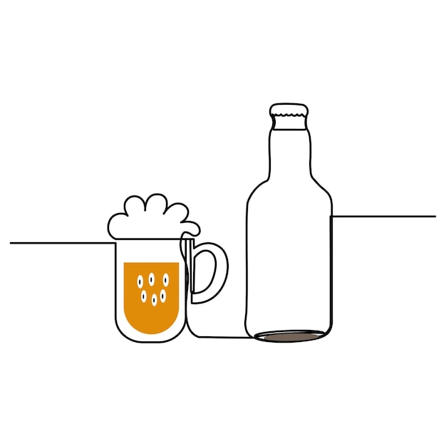 Ilustración de una botella de vino rojo, una botilla de cerveza y un vaso dibujando una línea