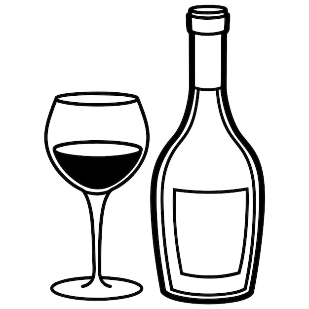 Ilustración de botella de vino y vidrio en blanco y negro