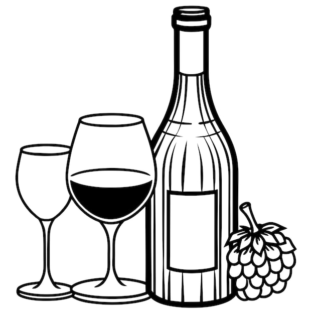 Ilustración de botella de vino y vidrio en blanco y negro