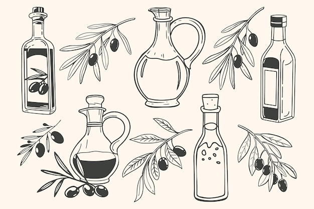 Ilustración de las botellas de aceite y las ramas de olivo