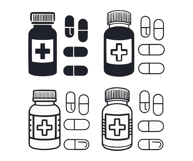 Ilustración de botellas y pastillas de medicina