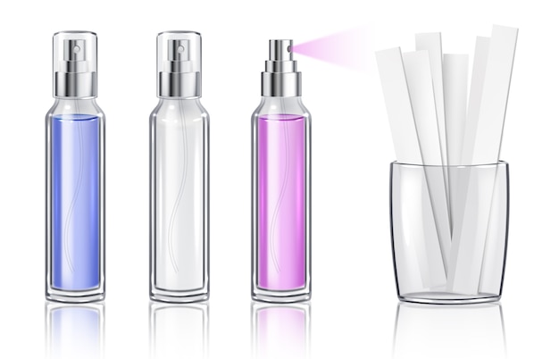Ilustración de botellas de perfume y difusor de caña