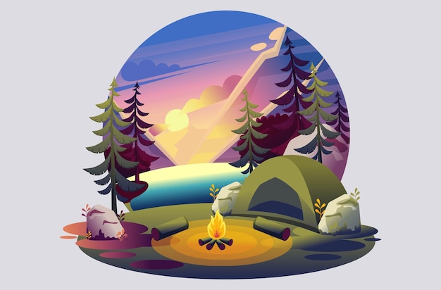 Ilustración brillante de un camping, una tienda de campaña con un fuego en el fondo de la puesta de sol en el lago