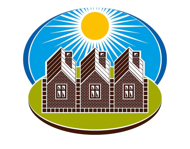 Ilustración brillante de casas de campo y paisajes soleados. Tema de la aldea, hogar simple vectorial. Imagen conceptual de verano.