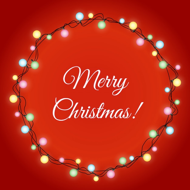 Ilustración de la brillante corona de luces de navidad para el diseño de tarjetas de felicitación de vacaciones de navidad sobre fondo de color rojo.
