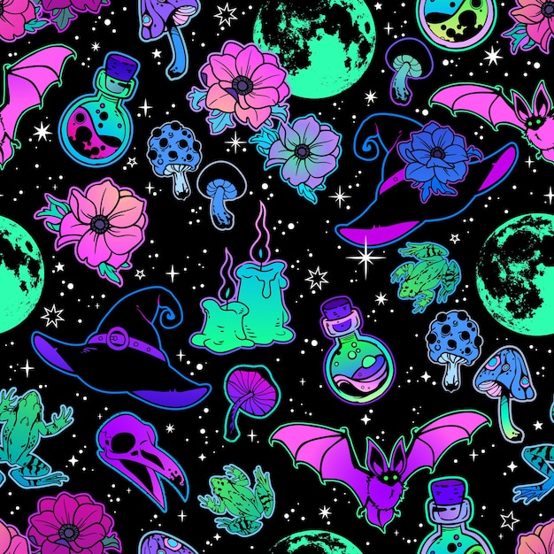 Ilustración brillante de los diferentes elementos de la bruja Patrón sin costuras