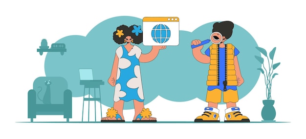 Una ilustración brillante y elegante de una chica y un chico ayuda a encontrar información en Internet Materiales de marketing Perfecto para agregar un toque moderno y tecnológico a su proyecto