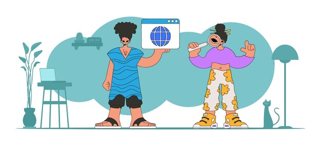Una ilustración brillante y elegante de una chica y un chico ayuda a encontrar información en Internet Un personaje de tendencia brillante Perfecto para agregar un toque moderno y tecnológico a su proyecto