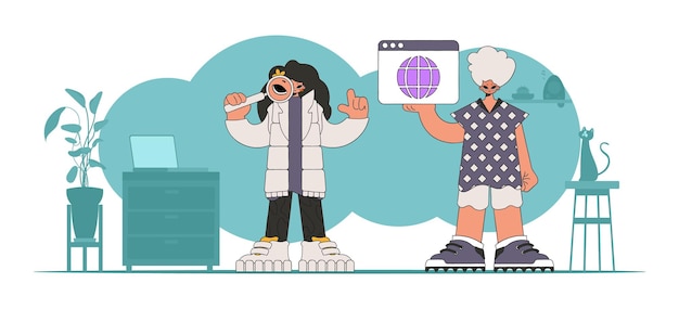 Una ilustración brillante y elegante de una chica y un chico en busca de información estilo de carácter moderno perfecto para agregar un toque moderno y tecnológico a su proyecto