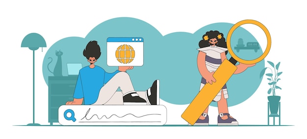 Una ilustración brillante y elegante de un hombre y una mujer ayuda a encontrar información en Internet Material para contenido educativo