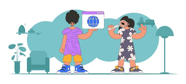 Una ilustración brillante y elegante de un hombre y una mujer ayuda a encontrar información en Internet Un personaje de tendencia brillante Perfecto para agregar un toque moderno y tecnológico a su proyecto