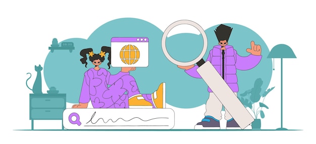 Una ilustración brillante y elegante de una mujer y un hombre ayuda a encontrar información en los materiales de marketing de Internet