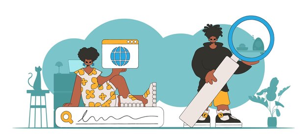 Una ilustración brillante y elegante de una mujer y un hombre ayudan a encontrar información en Internet personaje de tendencia brillante