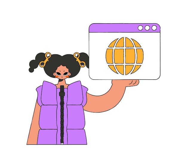 Una ilustración brillante y elegante de una mujer sosteniendo una ventana de navegador en sus manos Material para contenido educativo