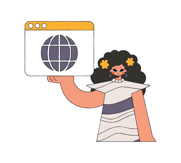 Una ilustración brillante y elegante de una mujer usando un navegador web Un personaje de tendencia brillante