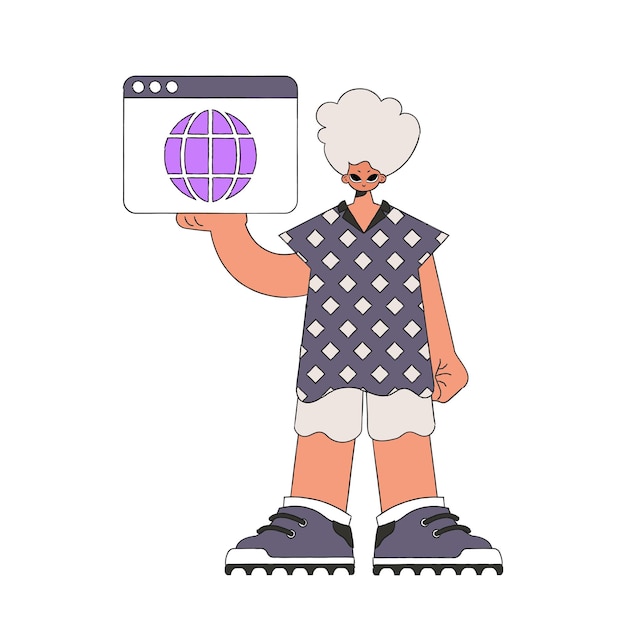 Una ilustración brillante y elegante de un niño usando un navegador web estilo de carácter moderno