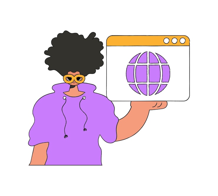 Vector una ilustración brillante y elegante de un tipo usando un navegador web un personaje de tendencia brillante