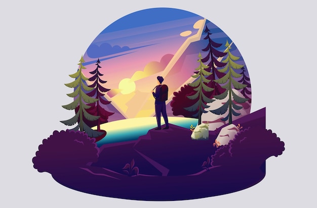 Ilustración brillante de un joven en el fondo de la puesta de sol, camping, turismo