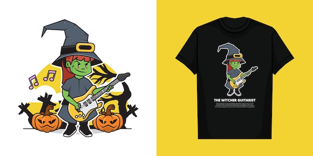 Ilustración del brujo tocando la guitarra en el día de Halloween con camiseta