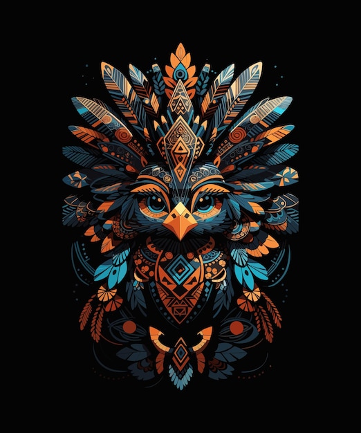 Ilustración de un búho tribal con plumas de colores