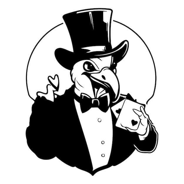 Vector ilustración de un caballero bulldog con sombrero alto sosteniendo cartas de juego