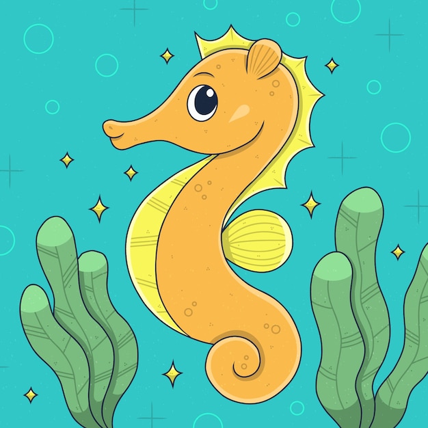 Vector ilustración de caballito de mar de dibujos animados dibujados a mano