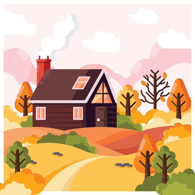 Ilustración de la cabaña de otoño