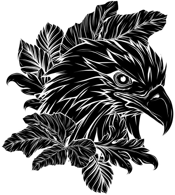 Ilustración de cabeza de águila con hojas.