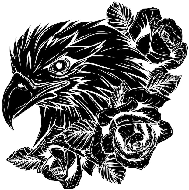 Ilustración de cabeza de águila con rosas rojas.