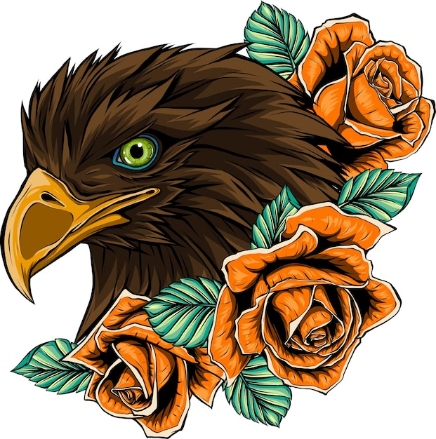 Ilustración de cabeza de águila con rosas rojas.