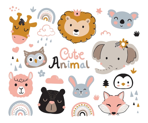 Vector ilustración de cabeza de animales lindos