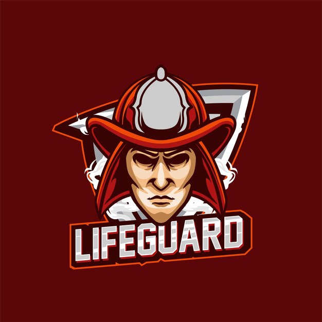 Ilustración de la cabeza del bombero vectorial con el texto LIFEGUARD Logotipo de Esport