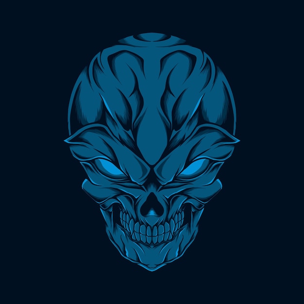 Ilustración de cabeza de cráneo sonriente azul