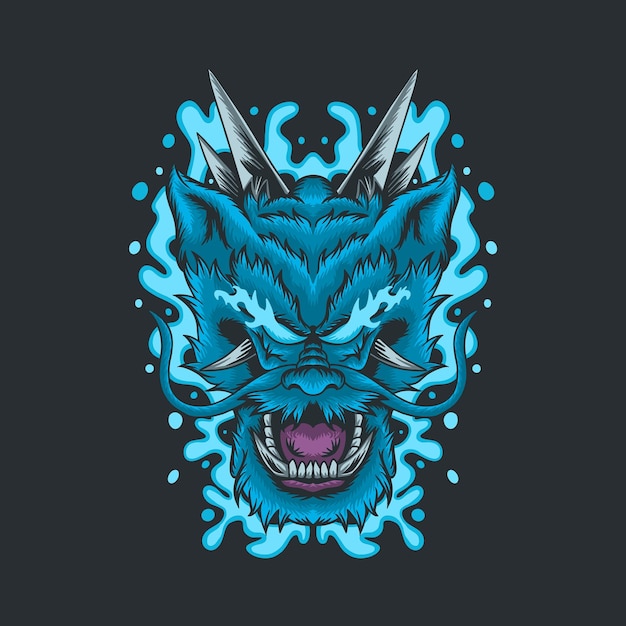 Ilustración de cabeza de dragón azul y elemento de agua